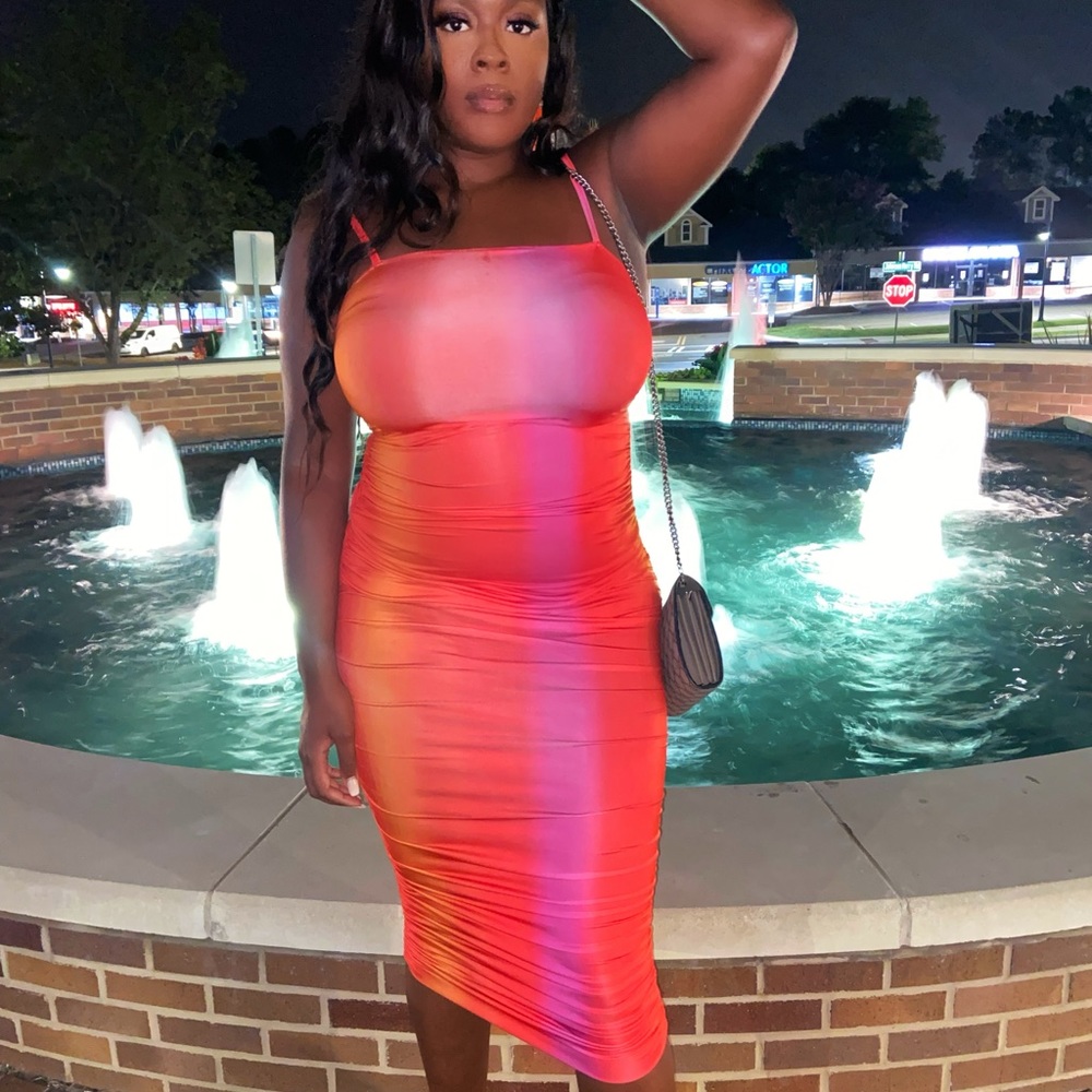 Orange Ombre Tie Dye Print Slinky Strappy Ruched Midaxi Dress